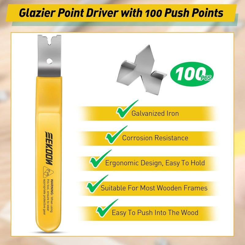 Feekoon Glazier Point Driver, Glazier Setting Tool with 100 Push Points, Glazing Push Point Driver Tool for Framing Glass Picture Cross Stitch(Yellow) - Image 3